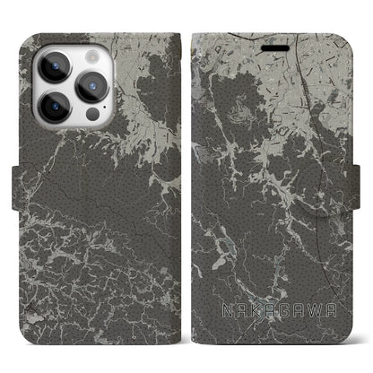 【那珂川（福岡県）】地図柄iPhoneケース（手帳タイプ）モノトーン・iPhone 14 Pro 用