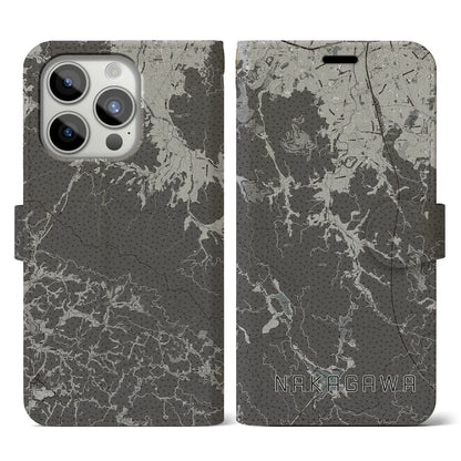 【那珂川（福岡県）】地図柄iPhoneケース（手帳タイプ）モノトーン・iPhone 15 Pro 用