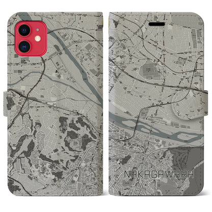 【中河原（東京都）】地図柄iPhoneケース（手帳タイプ）モノトーン・iPhone 11 用