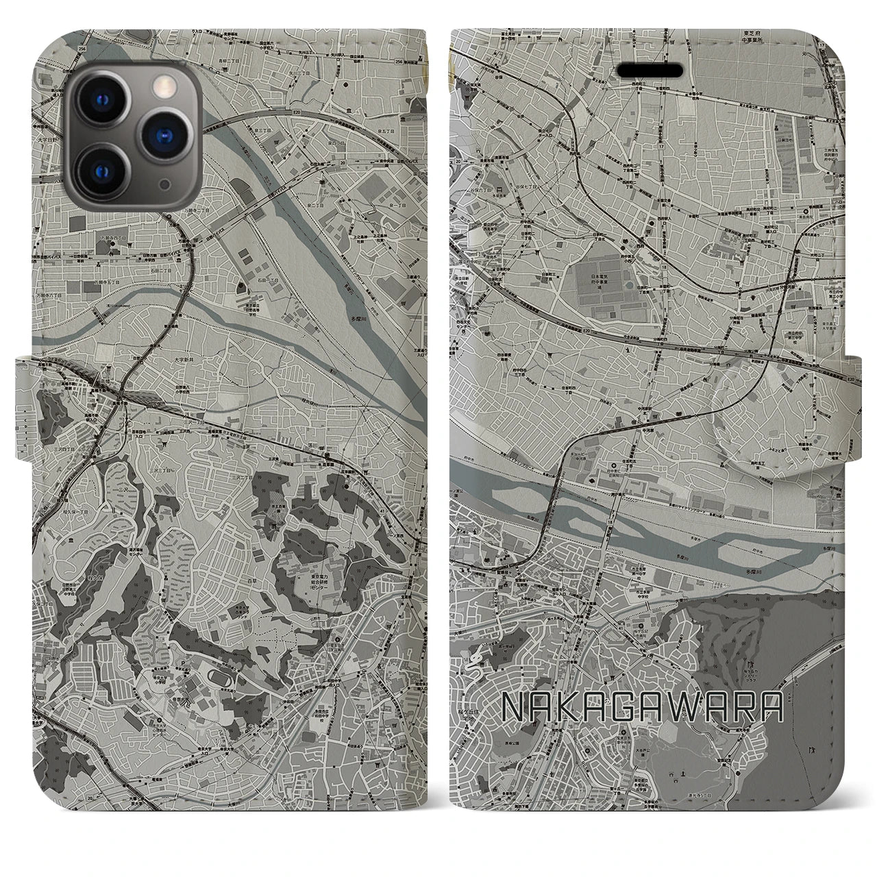 【中河原】地図柄iPhoneケース（手帳両面タイプ・モノトーン）iPhone 11 Pro Max 用