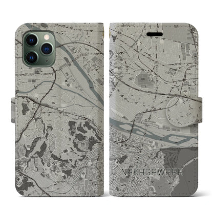 【中河原（東京都）】地図柄iPhoneケース（手帳タイプ）モノトーン・iPhone 11 Pro 用