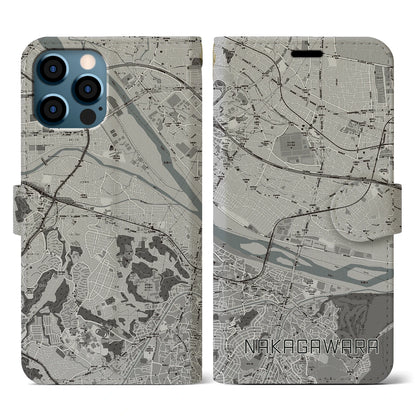 【中河原（東京都）】地図柄iPhoneケース（手帳タイプ）モノトーン・iPhone 12 / 12 Pro 用