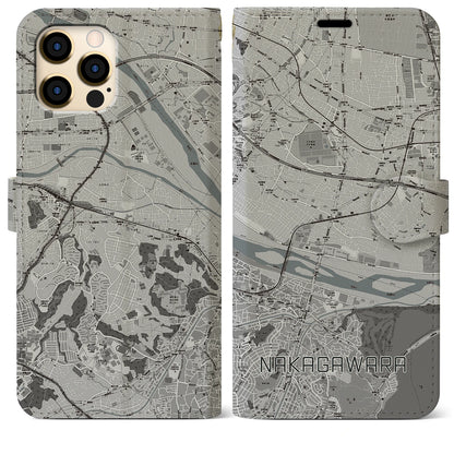 【中河原（東京都）】地図柄iPhoneケース（手帳タイプ）モノトーン・iPhone 12 Pro Max 用