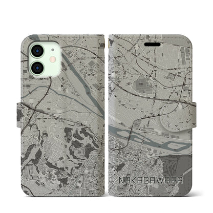 【中河原（東京都）】地図柄iPhoneケース（手帳タイプ）モノトーン・iPhone 12 mini 用