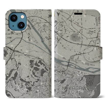 【中河原（東京都）】地図柄iPhoneケース（手帳タイプ）モノトーン・iPhone 13 用