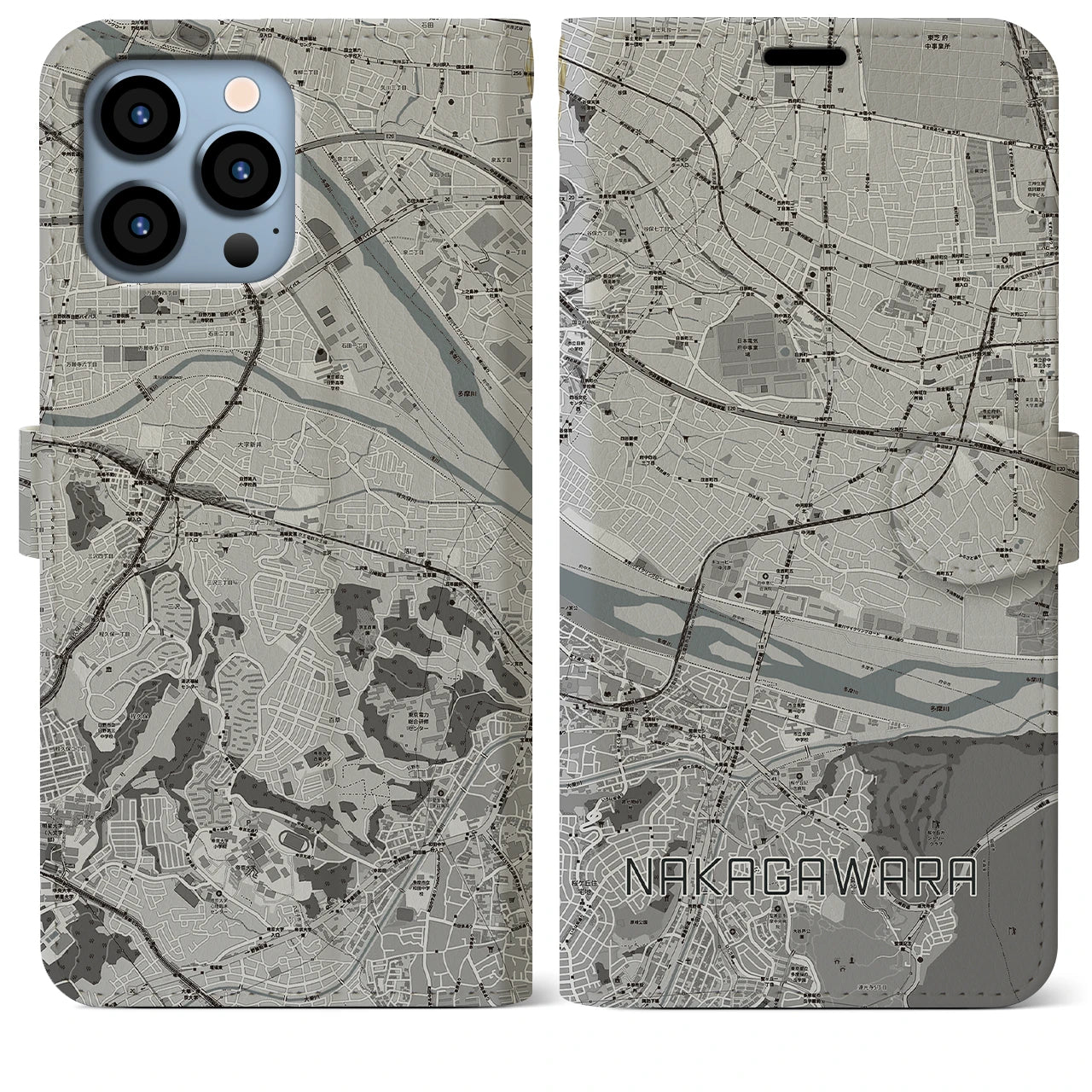 【中河原】地図柄iPhoneケース（手帳両面タイプ・モノトーン）iPhone 13 Pro Max 用