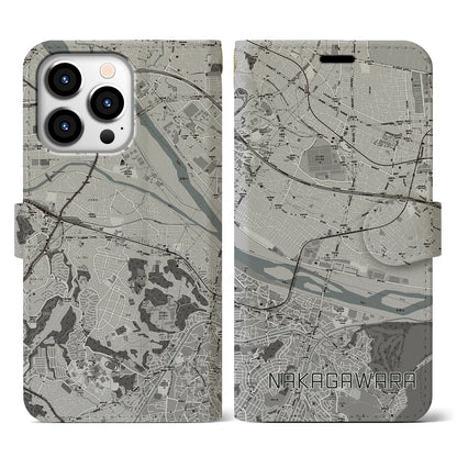 【中河原（東京都）】地図柄iPhoneケース（手帳タイプ）モノトーン・iPhone 13 Pro 用