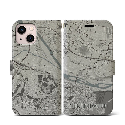 【中河原（東京都）】地図柄iPhoneケース（手帳タイプ）モノトーン・iPhone 13 mini 用