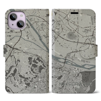 【中河原（東京都）】地図柄iPhoneケース（手帳タイプ）モノトーン・iPhone 14 用