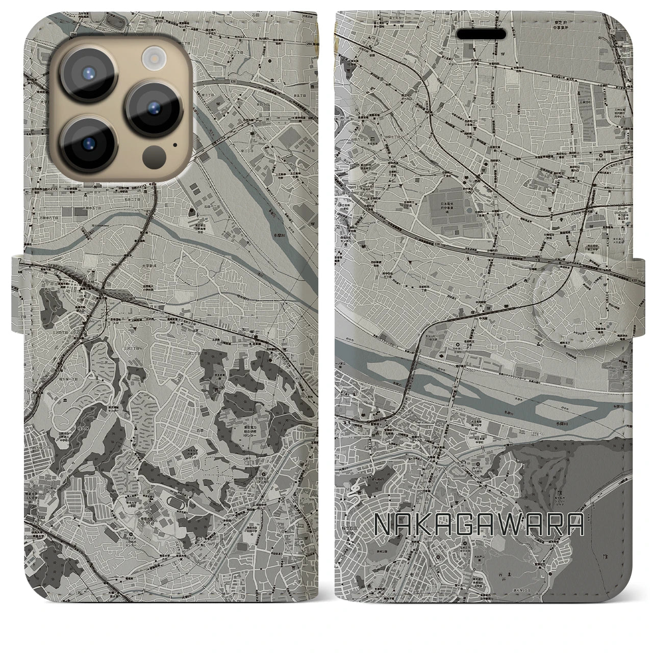 【中河原】地図柄iPhoneケース（手帳両面タイプ・モノトーン）iPhone 14 Pro Max 用
