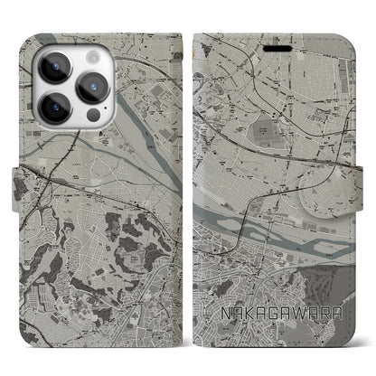 【中河原（東京都）】地図柄iPhoneケース（手帳タイプ）モノトーン・iPhone 14 Pro 用