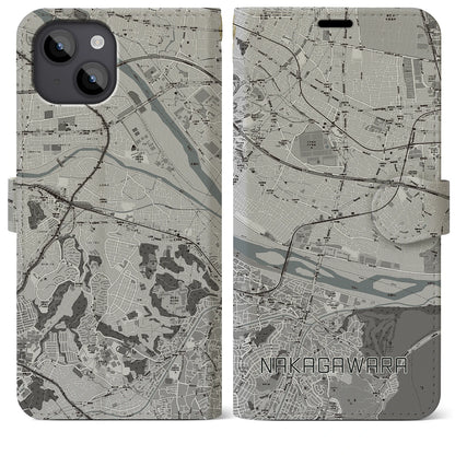 【中河原（東京都）】地図柄iPhoneケース（手帳タイプ）モノトーン・iPhone 14 Plus 用