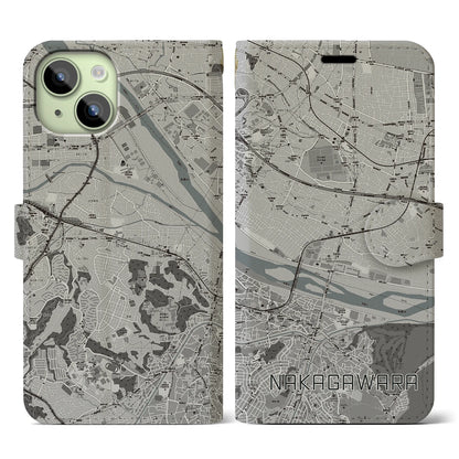 【中河原（東京都）】地図柄iPhoneケース（手帳タイプ）モノトーン・iPhone 15 用