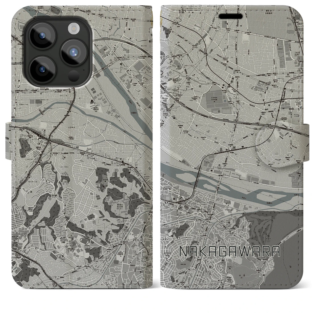 【中河原】地図柄iPhoneケース（手帳両面タイプ・モノトーン）iPhone 15 Pro Max 用