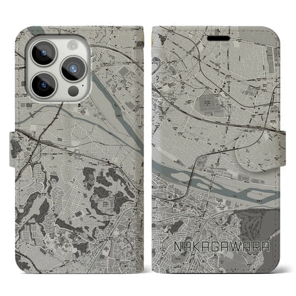 【中河原（東京都）】地図柄iPhoneケース（手帳タイプ）モノトーン・iPhone 15 Pro 用