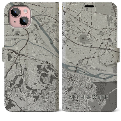 【中河原（東京都）】地図柄iPhoneケース（手帳タイプ）モノトーン・iPhone 15 Plus 用