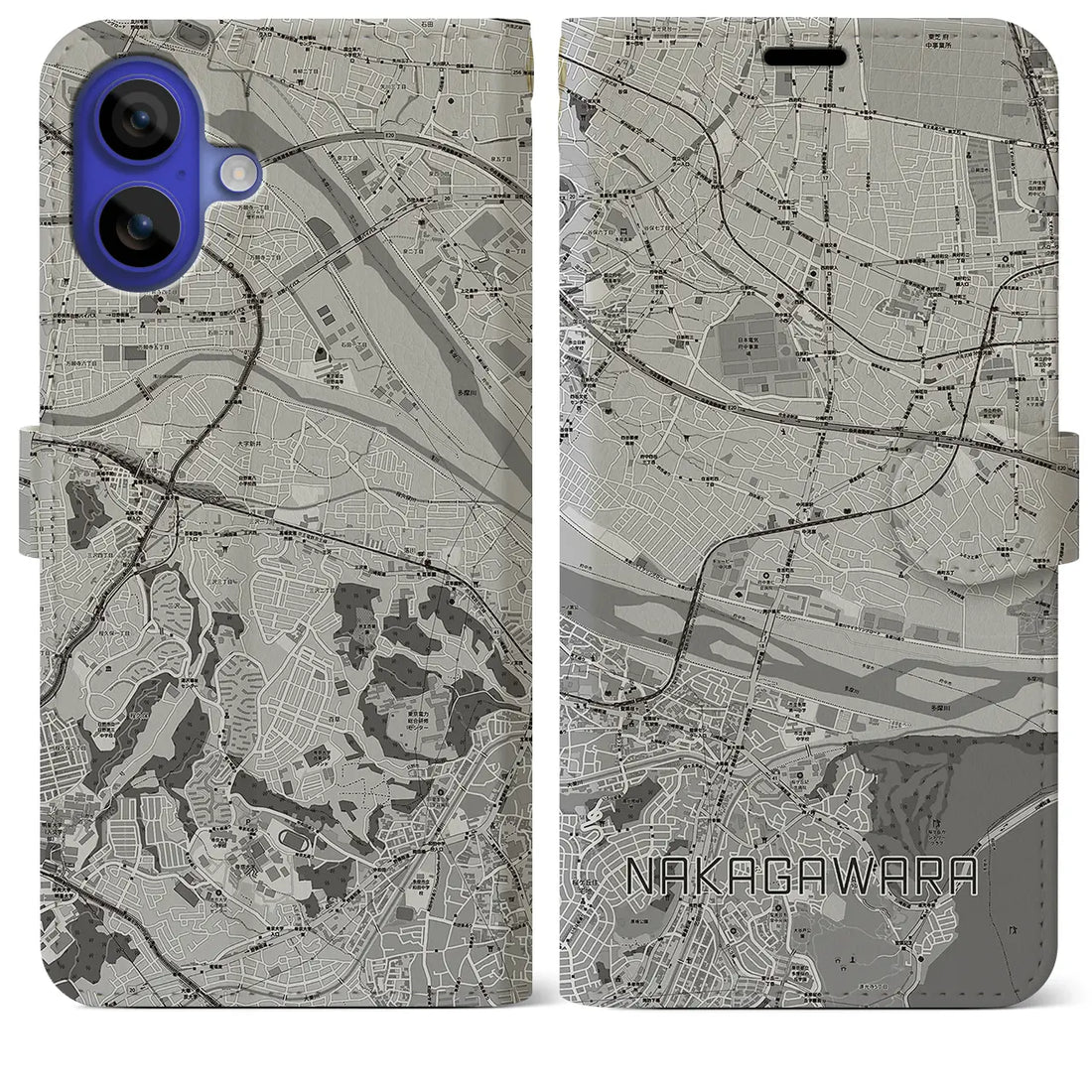 【中河原(東京都)】地図柄iPhoneケース(手帳タイプ)モノトーン・iPhone 16 Pro Max 用