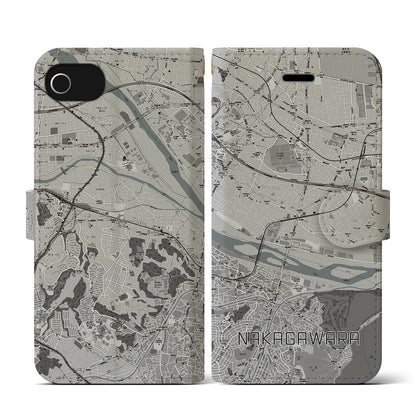 【中河原（東京都）】地図柄iPhoneケース（手帳タイプ）モノトーン・iPhone SE（第3 / 第2世代） / 8 / 7 / 6s / 6 用