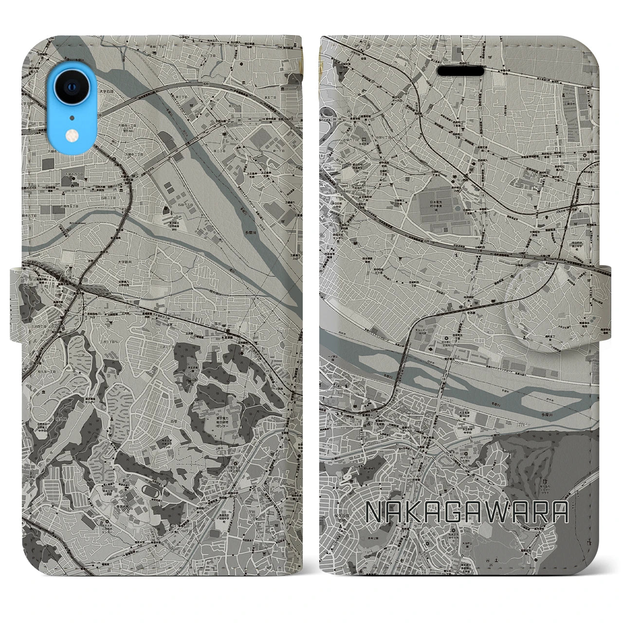 【中河原】地図柄iPhoneケース（手帳両面タイプ・モノトーン）iPhone XR 用