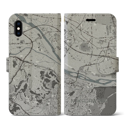 【中河原（東京都）】地図柄iPhoneケース（手帳タイプ）モノトーン・iPhone XS / X 用