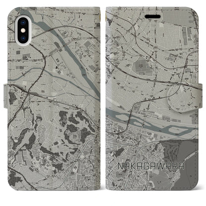 【中河原（東京都）】地図柄iPhoneケース（手帳タイプ）モノトーン・iPhone XS Max 用