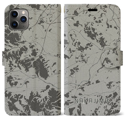 【中島（福島県）】地図柄iPhoneケース（手帳タイプ）モノトーン・iPhone 11 Pro Max 用