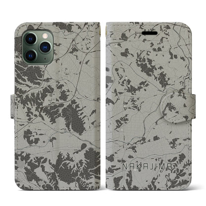 【中島（福島県）】地図柄iPhoneケース（手帳タイプ）モノトーン・iPhone 11 Pro 用