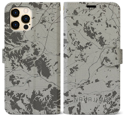 【中島（福島県）】地図柄iPhoneケース（手帳タイプ）モノトーン・iPhone 12 Pro Max 用