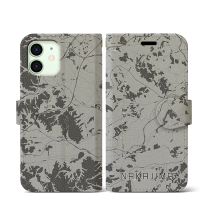 【中島（福島県）】地図柄iPhoneケース（手帳タイプ）モノトーン・iPhone 12 mini 用