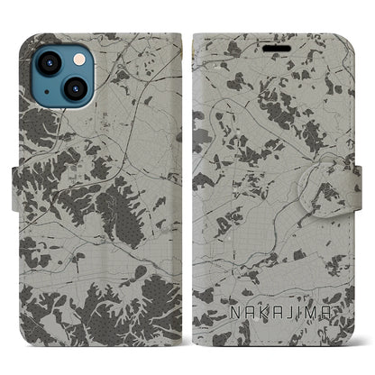 【中島（福島県）】地図柄iPhoneケース（手帳タイプ）モノトーン・iPhone 13 用
