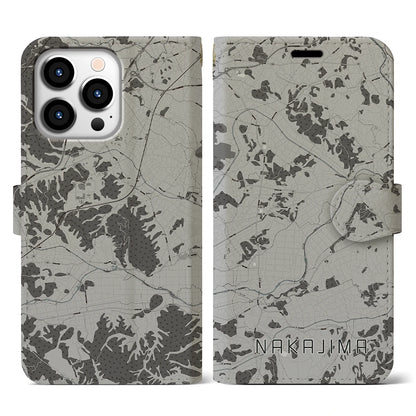 【中島（福島県）】地図柄iPhoneケース（手帳タイプ）モノトーン・iPhone 13 Pro 用