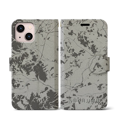 【中島（福島県）】地図柄iPhoneケース（手帳タイプ）モノトーン・iPhone 13 mini 用