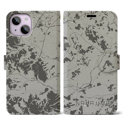 【中島（福島県）】地図柄iPhoneケース（手帳タイプ）モノトーン・iPhone 14 用