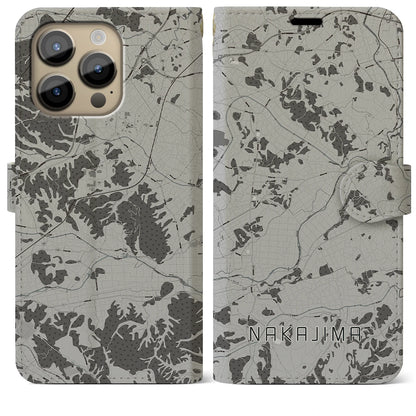 【中島（福島県）】地図柄iPhoneケース（手帳タイプ）モノトーン・iPhone 14 Pro Max 用