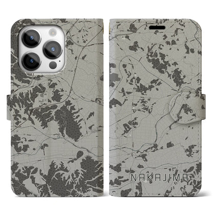 【中島（福島県）】地図柄iPhoneケース（手帳タイプ）モノトーン・iPhone 14 Pro 用