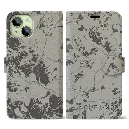 【中島（福島県）】地図柄iPhoneケース（手帳タイプ）モノトーン・iPhone 15 用