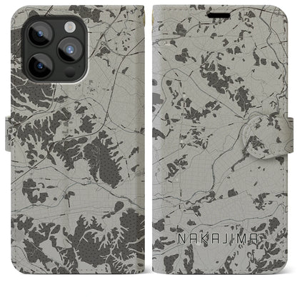 【中島（福島県）】地図柄iPhoneケース（手帳タイプ）モノトーン・iPhone 15 Pro Max 用