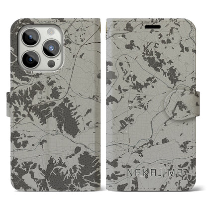 【中島（福島県）】地図柄iPhoneケース（手帳タイプ）モノトーン・iPhone 15 Pro 用