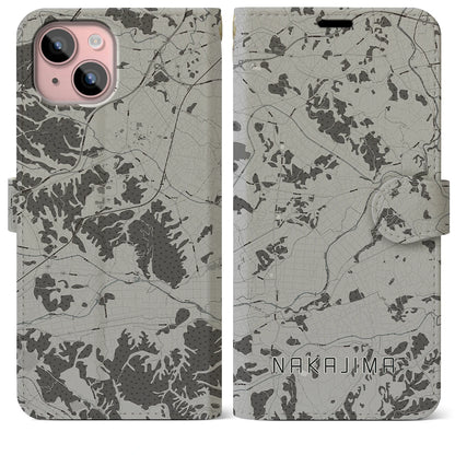 【中島（福島県）】地図柄iPhoneケース（手帳タイプ）モノトーン・iPhone 15 Plus 用