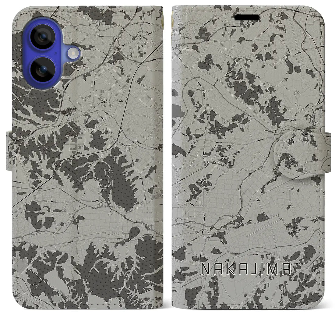 【中島(福島県)】地図柄iPhoneケース(手帳タイプ)モノトーン・iPhone 16 Pro Max 用