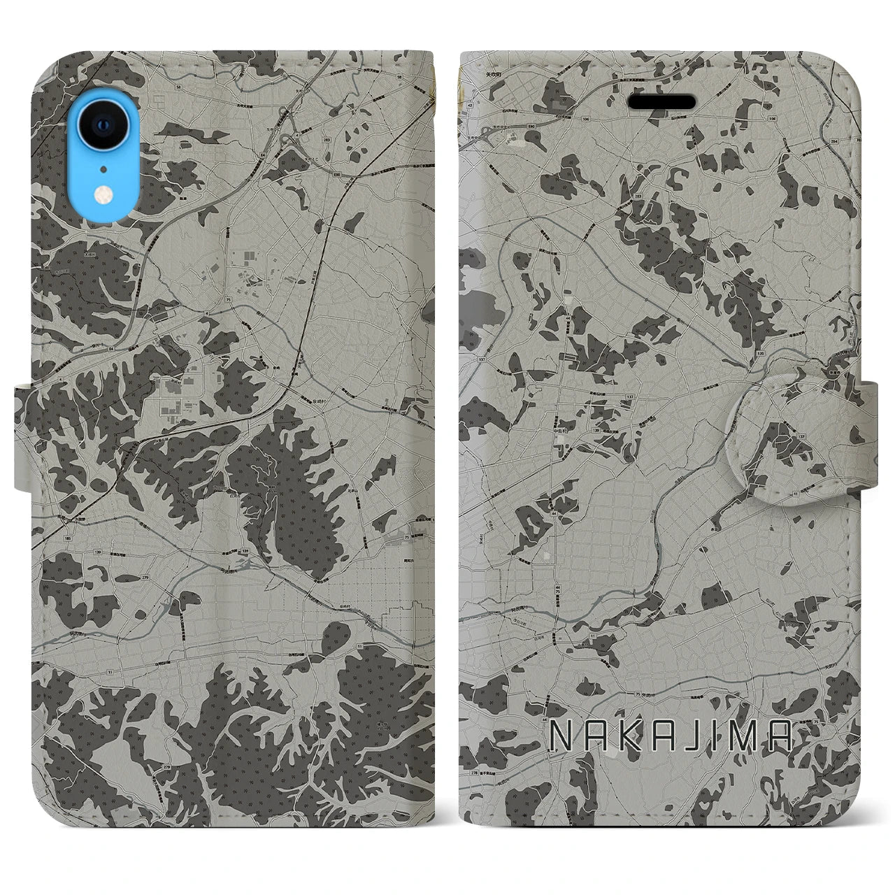 【中島】地図柄iPhoneケース（手帳両面タイプ・モノトーン）iPhone XR 用