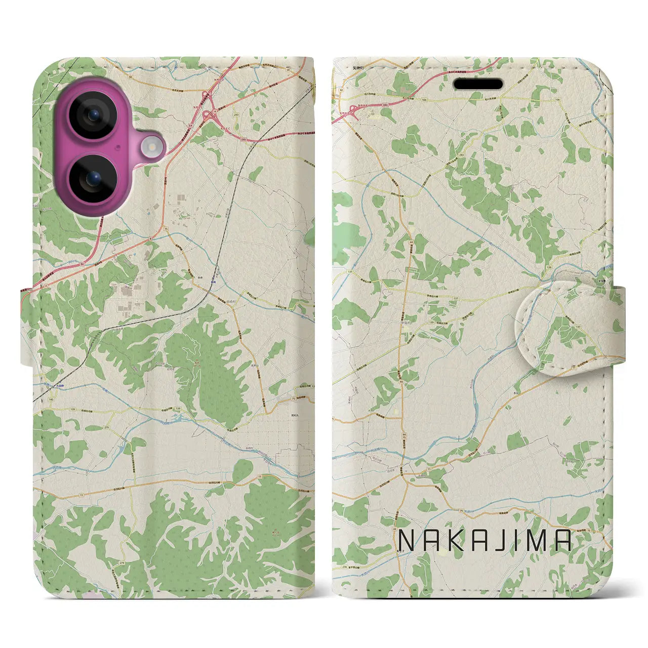 【中島（福島県）】地図柄iPhoneケース（手帳タイプ）ナチュラル・iPhone 16 Pro 用