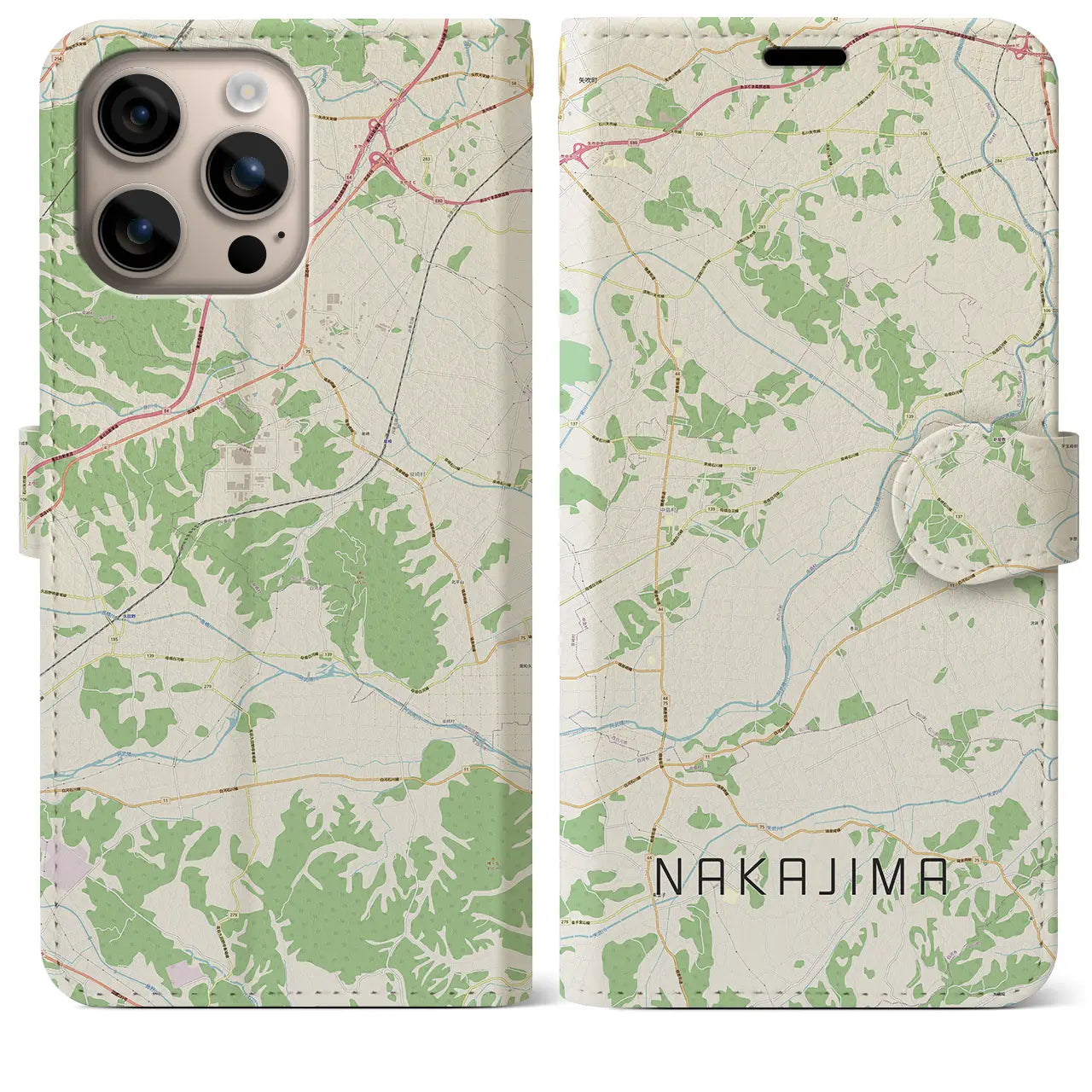 【中島（福島県）】地図柄iPhoneケース（手帳タイプ）ナチュラル・iPhone 16 Plus 用