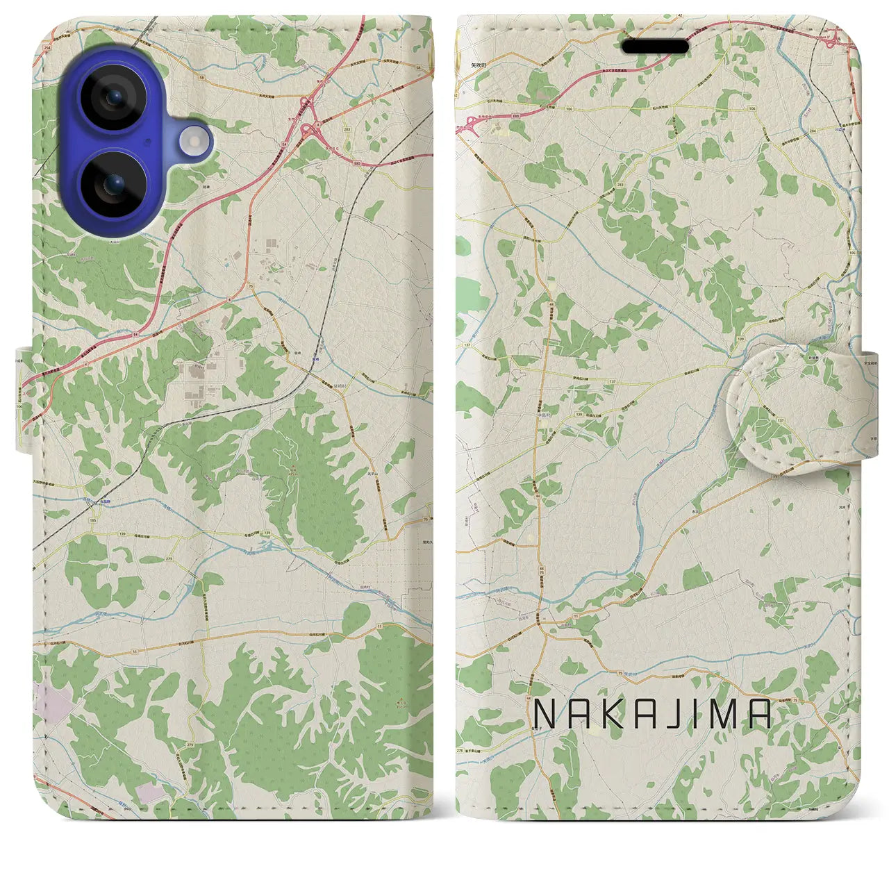 【中島（福島県）】地図柄iPhoneケース（手帳タイプ）ナチュラル・iPhone 16 Pro Max 用