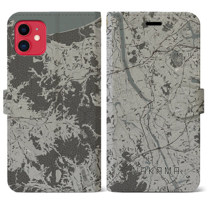 【中間（福岡県）】地図柄iPhoneケース（手帳タイプ）モノトーン・iPhone 11 用
