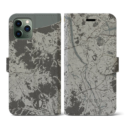 【中間（福岡県）】地図柄iPhoneケース（手帳タイプ）モノトーン・iPhone 11 Pro 用