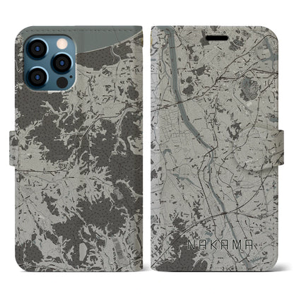 【中間（福岡県）】地図柄iPhoneケース（手帳タイプ）モノトーン・iPhone 12 / 12 Pro 用
