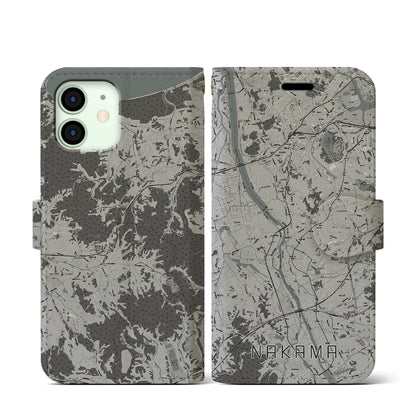 【中間（福岡県）】地図柄iPhoneケース（手帳タイプ）モノトーン・iPhone 12 mini 用