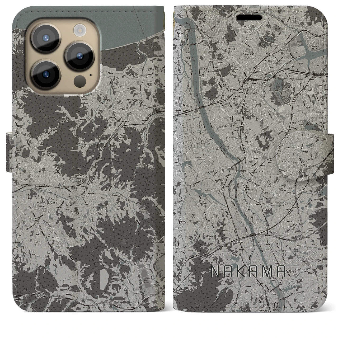 【中間】地図柄iPhoneケース（手帳両面タイプ・モノトーン）iPhone 14 Pro Max 用