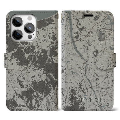 【中間（福岡県）】地図柄iPhoneケース（手帳タイプ）モノトーン・iPhone 14 Pro 用